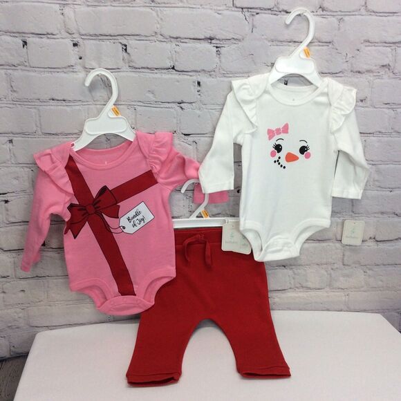 Lullaby Lane Girls 3 Piece Set 3-6 Months 2 Long Sleeve Tops 1 Pant Christmas - Picture 1 of 11